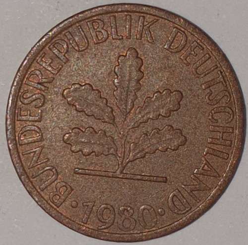 1980 J - 1 PFENNIG - ONE PFENNIG - GERMANY - FEDERAL REPUBLIC - (Copper Plated Steel)